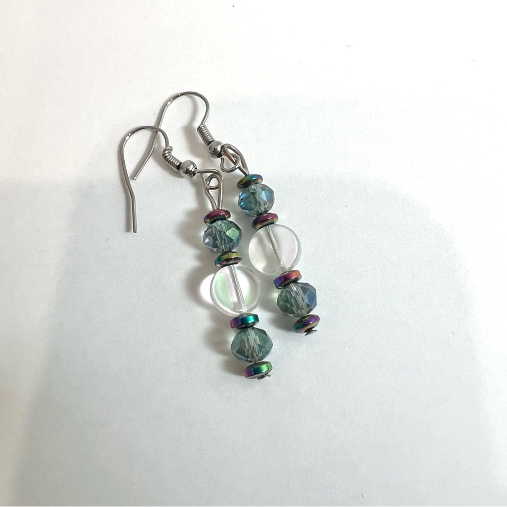 Glass Bead And Hematite Iridescent Handmade Earrings